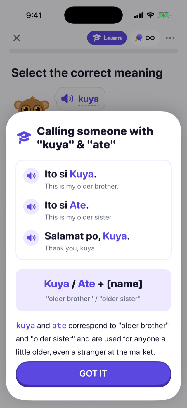 A Tarsier sheet on calling someone kuya or ate, with examples you can tap to hear