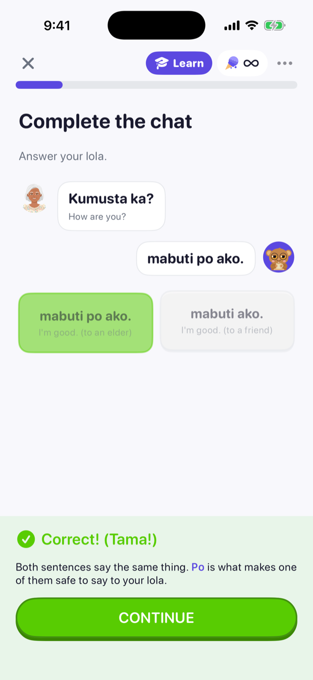 Lola asks Kumusta ka, and the respectful answer mabuti po ako is marked correct