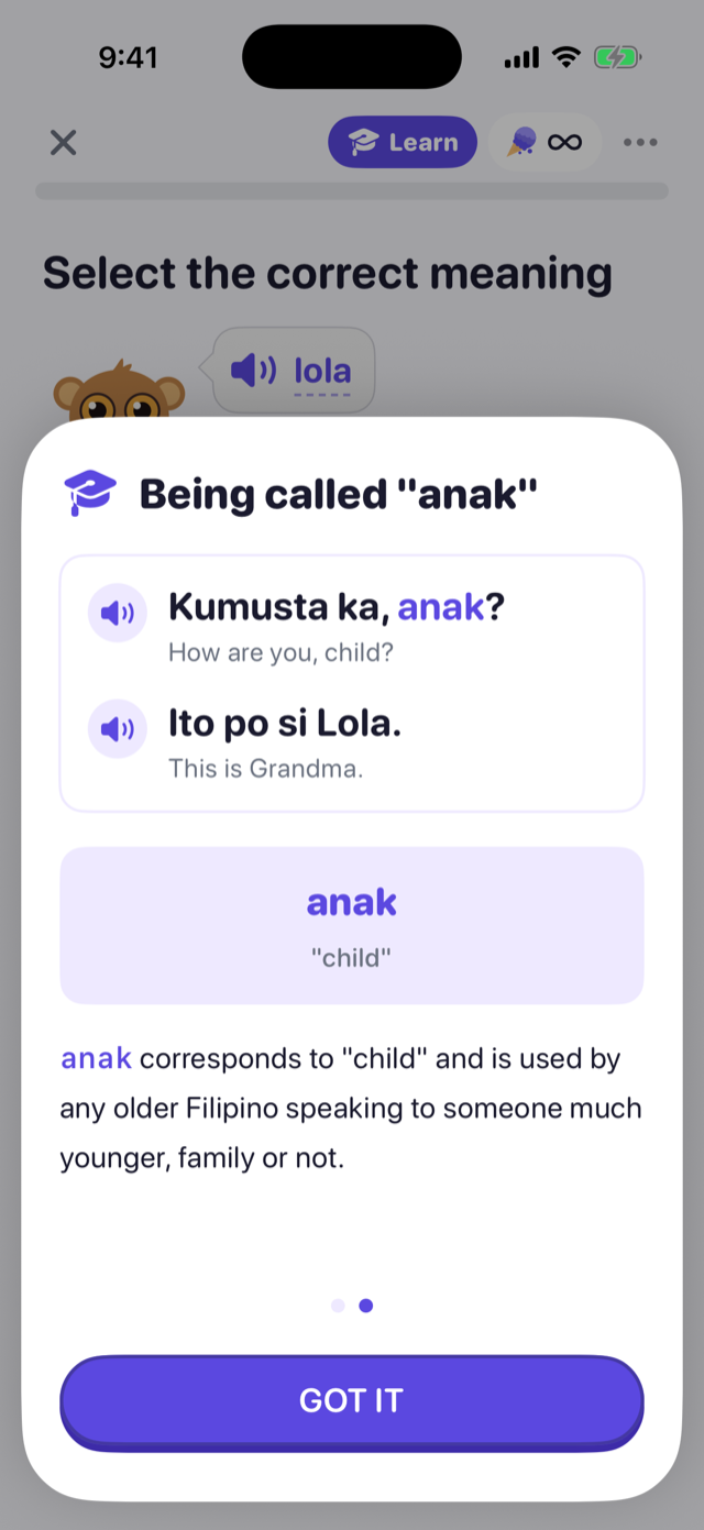 A sheet explaining that any older Filipino calls someone much younger anak, family or not