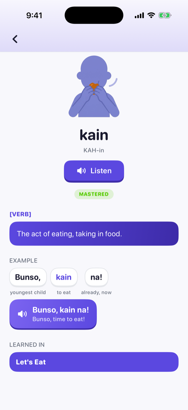 The word page for kain with a Listen button, each word of its example on a tile you can tap, and the whole sentence on one