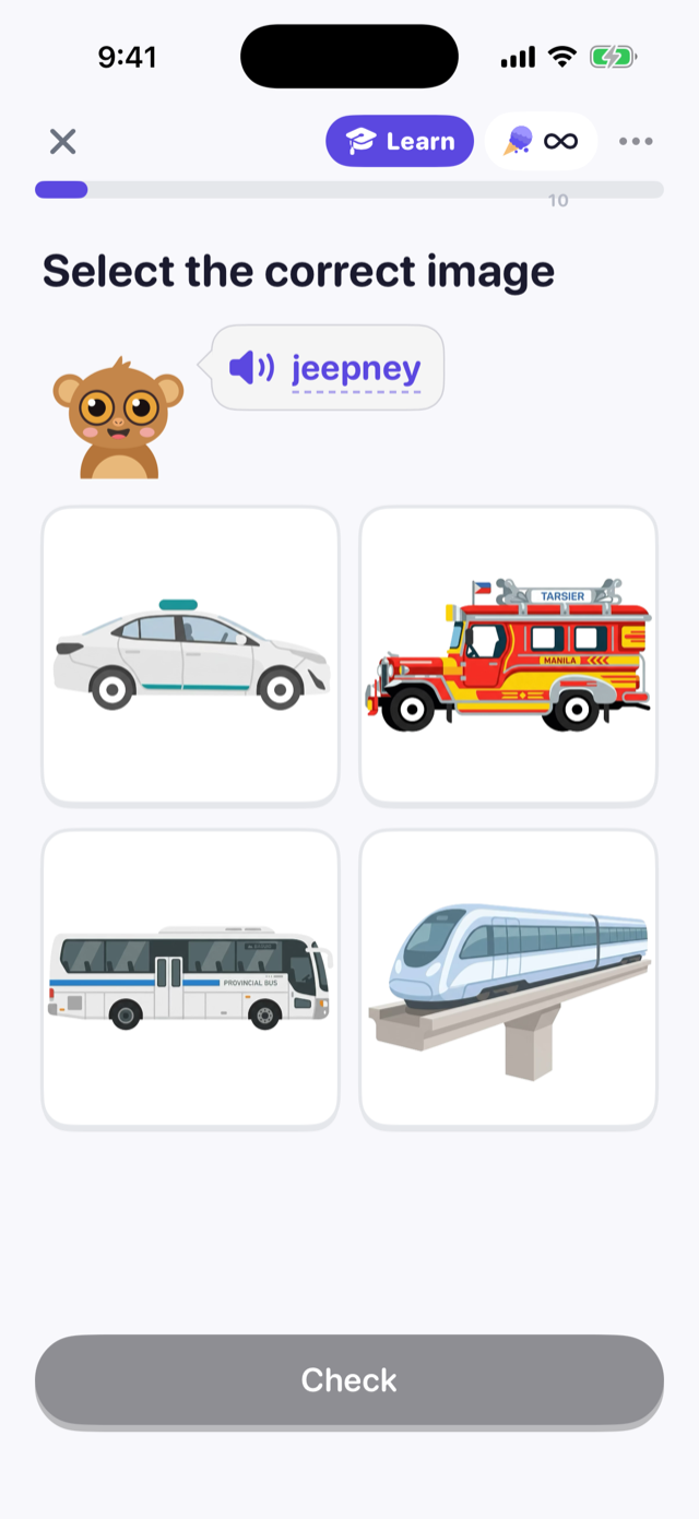 An image match quiz asking which picture is a jeepney, beside a taxi, a bus and a train
