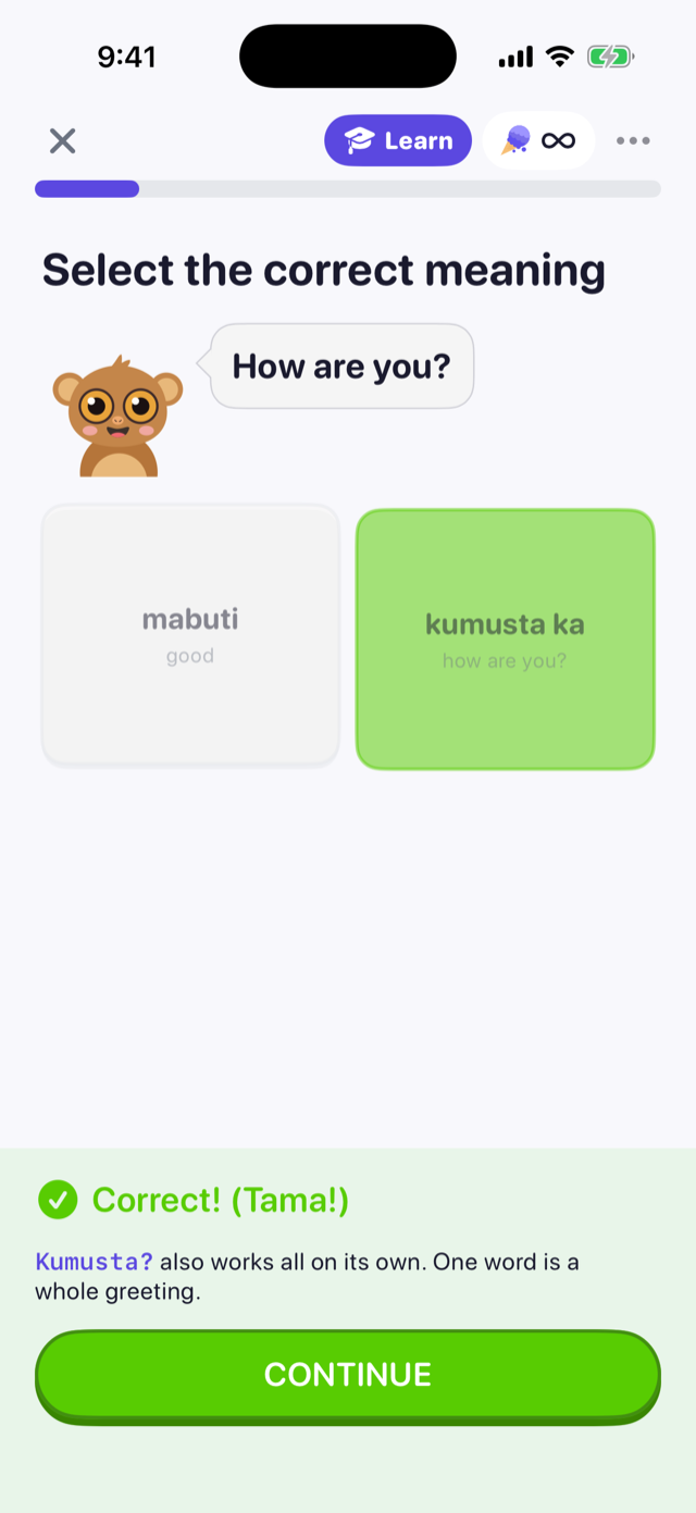 A quiz answered correctly, with the English meaning of each choice shown only after checking