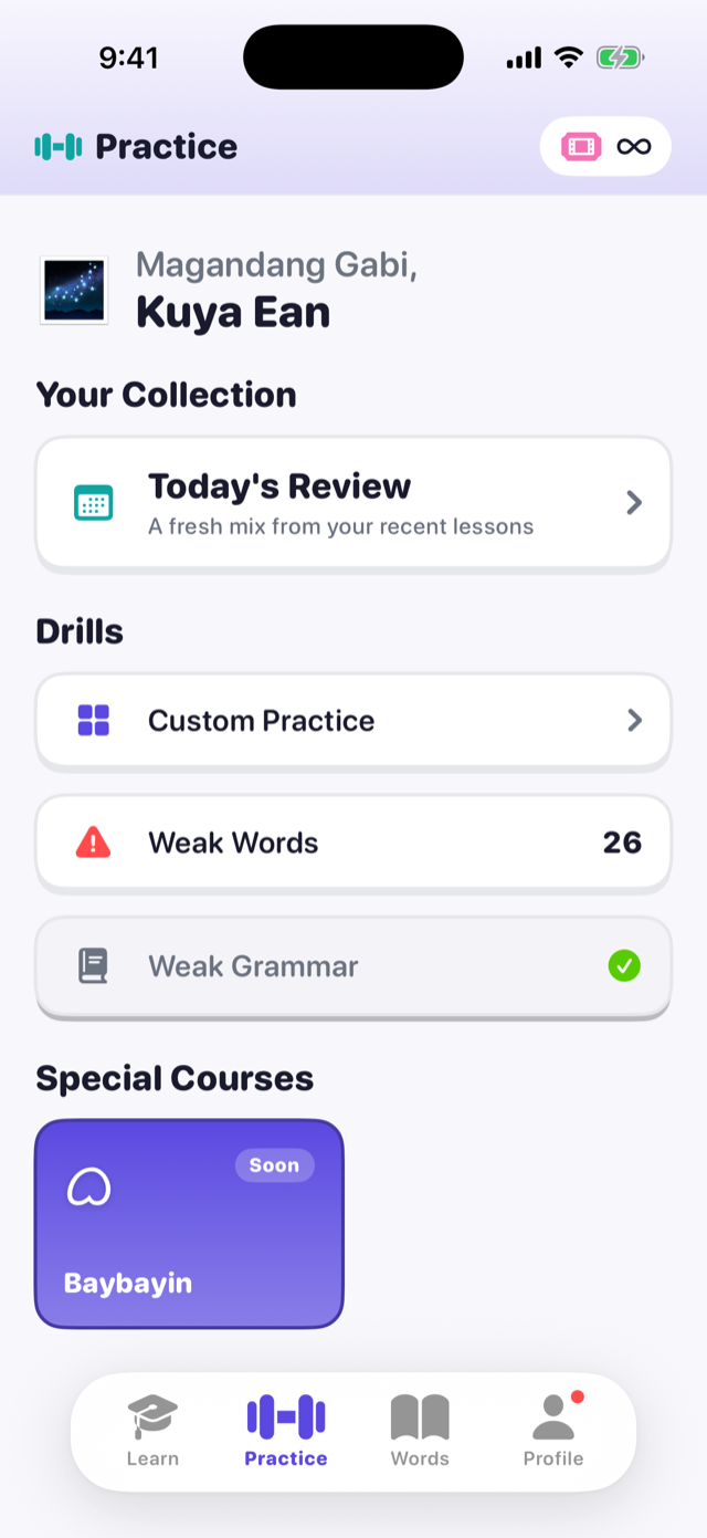 The Practice hub with weak words to review